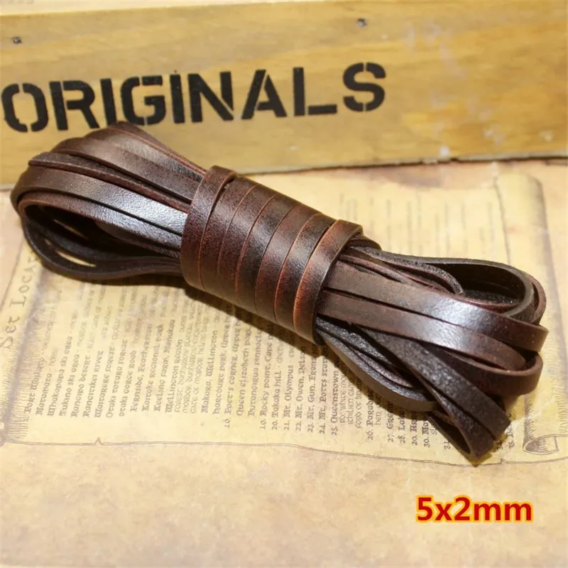 flat 5x2mm 2/3/4/5/6/8/10 мм плоский круглый шнур из натуральной кожи в стиле ретро темно-коричневая кожа коровы шнур веревочный браслет DIY 2 м/лот - Цвет: flat 5x2mm