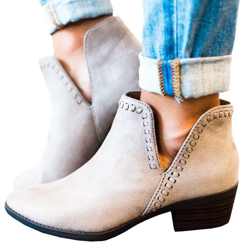 LALA IKAI/женские ботильоны Обувь на среднем каблуке обувь из флока Прошитые ботинки