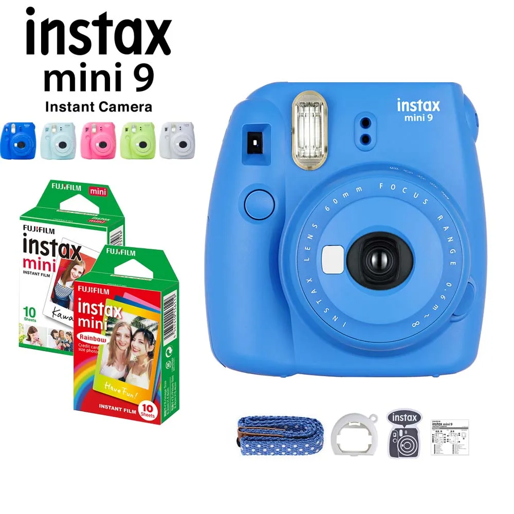 5 цветов Fujifilm Instax Mini 9 мгновенная камера+ Fuji Instax Мини пленка белый/Радуга 20 шт фотобумага+ крупным планом объектив+ ремешок