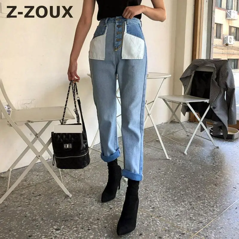 Z-ZOUX, женские джинсы с высокой талией, джинсы из денима, Женские джинсовые штаны, длинные брюки в стиле пэчворк, прямые джинсы с высокой талией, штаны для отдыха