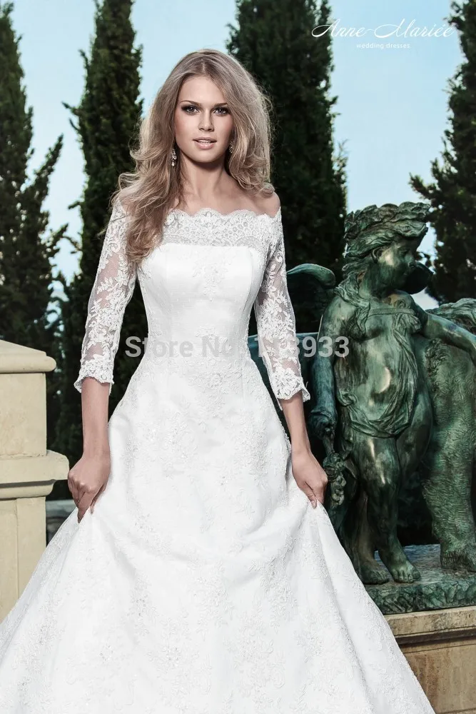 Second Wedding Dress Princess Floor-Length Court Train Lace Scoop Off The Shoulder Three Quarter Natural Up Built-In Bra Customi | Свадьбы и