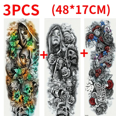 style 4-3Pcs Временные татуировки наклейки для мужчин татуировки рукава тела рука Вспышка татуировки водонепроницаемые переводные наклейки череп цветок металлик татуировки - Цвет: style 4-3Pcs