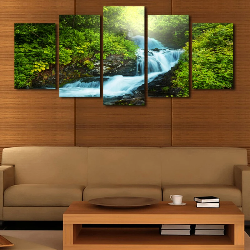 5 шт. модульная зеленый лес водопад пейзаж Картина принт живопись на холсте стены