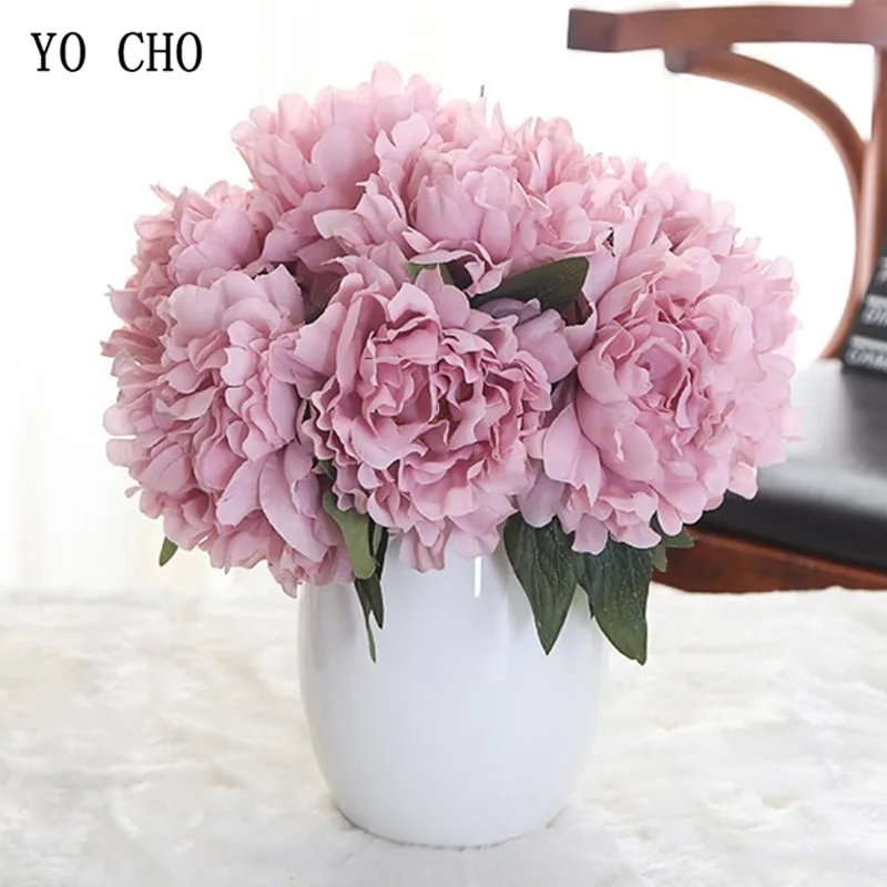 

YO CHO 5pc Silk Artifcial Peony Flowers Bouquets Hydrangea Wedding Wall Decor White Peony Pink Rose Fake Flowers DIY Accessories