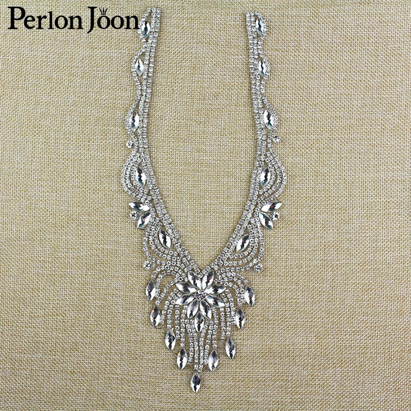 

4.6*10.4 inch Iron-On flower Rhinestone necklines for Deep V neck Clothing Back Iron-on Bridal dress Accessories TJ 050