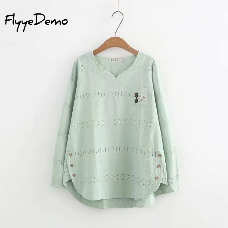 4XL 6 Colors Autumn New Lace Blouses Cat Embroidery Hollow Out Casual Ladies Fashion Shirts White Pink Loose Tops Plus Size | Женская