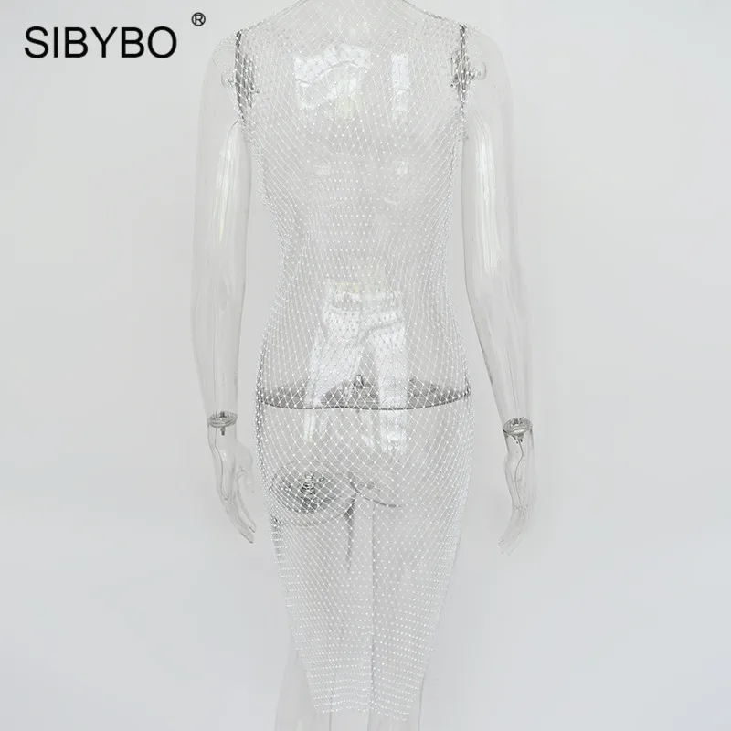 SIBYBO/сексуальное летнее пляжное платье в сеточку, украшенное бриллиантами, женское облегающее платье без рукавов, вечерние женские платья для ночного клуба