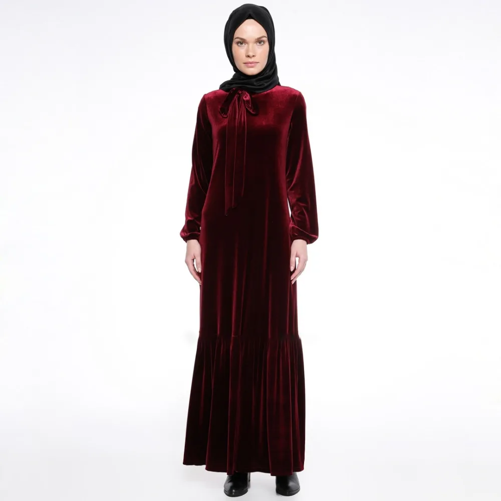 Islamic Clothing Gold Velvet Ribbons Lace Up Muslim Women Mermaid Dress Turkish Robe Abaya Maxi Vestidos With Pocket Arab Caftan |