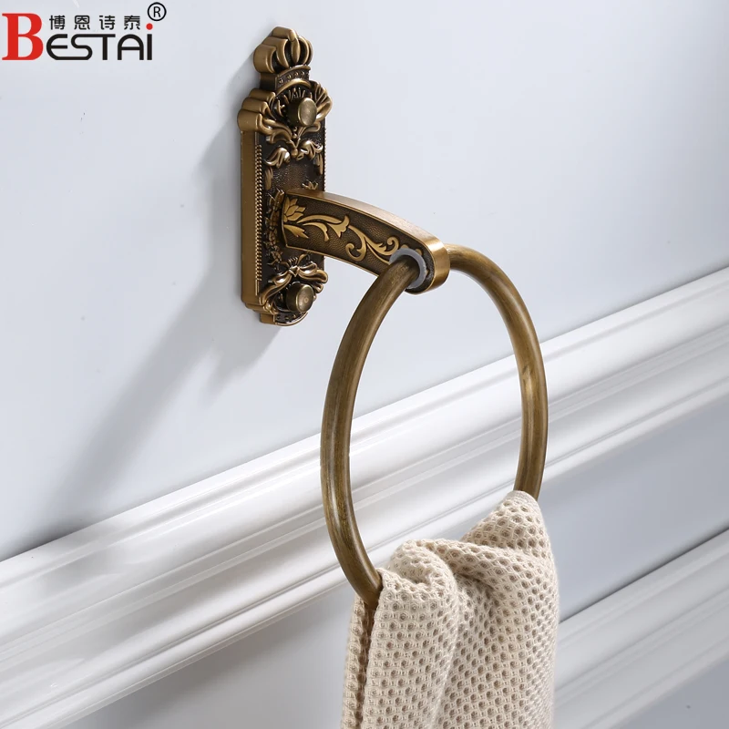 towel ring Европейская антикварная резная стойка для полотенец, Алюминиевая Полка для ванной комнаты, бумажная коробка, настенное крепление, вешалка для полотенец, аксессуары для ванной комнаты, подвесной набор - Цвет: towel ring