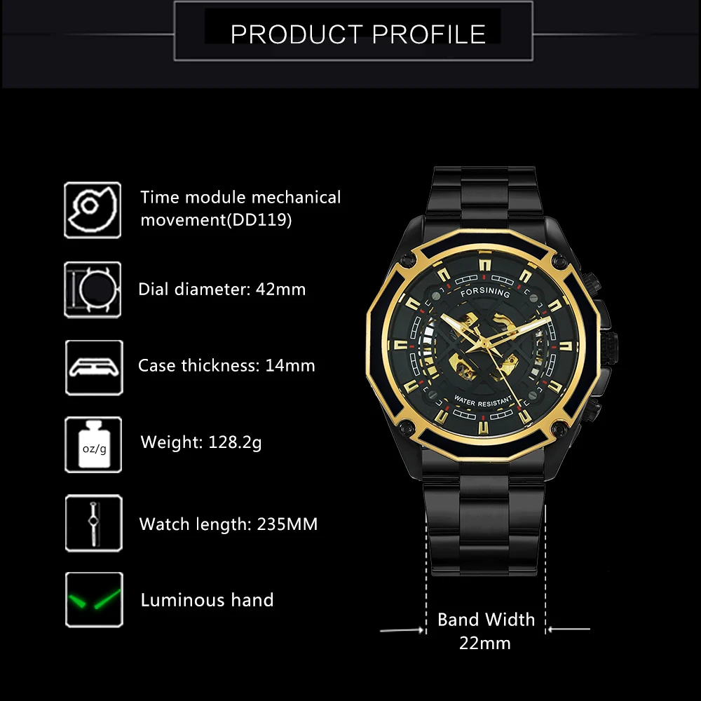 FORSINING Лидирующий бренд роскошные золотые автоматические механические часы