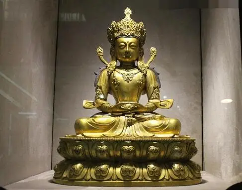Тибетский буддийский храм 100% чистая бронза 24K Золотая Статуя Амитаюс Будда Kwan