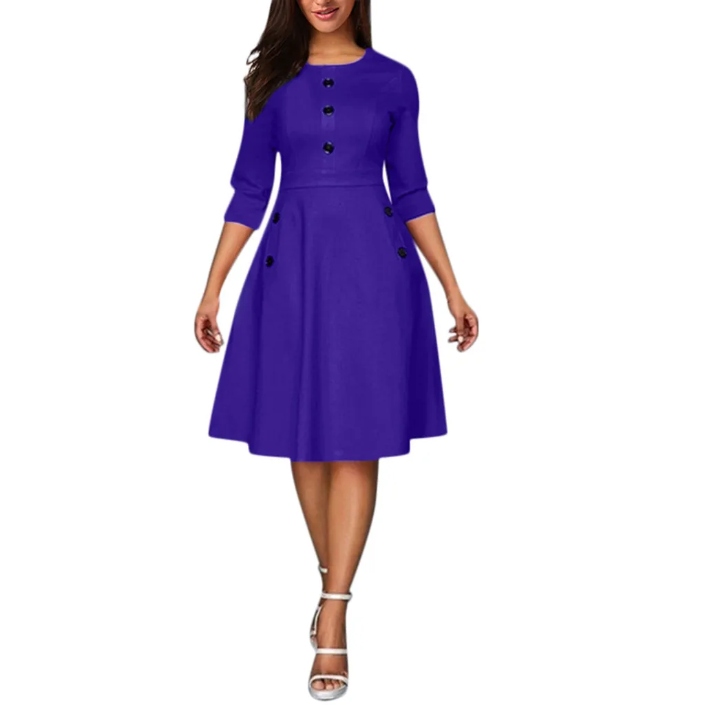 Summer Lady seven-point Sleeves Retro Solid Color Button O-neck A Line Dress Large Size Loose Casual Fashion Party Office | Женская