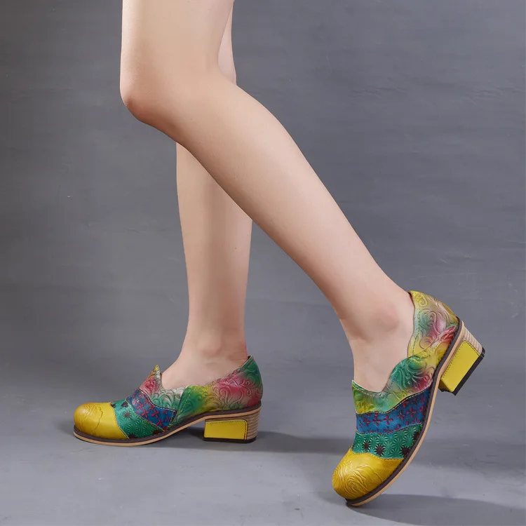 Johnature Square Heel Genuine Leather Shoes Round Toe Casual Slip-on 2019 New Autumn Retro Sewing Mixed Color Women Pumps | Обувь