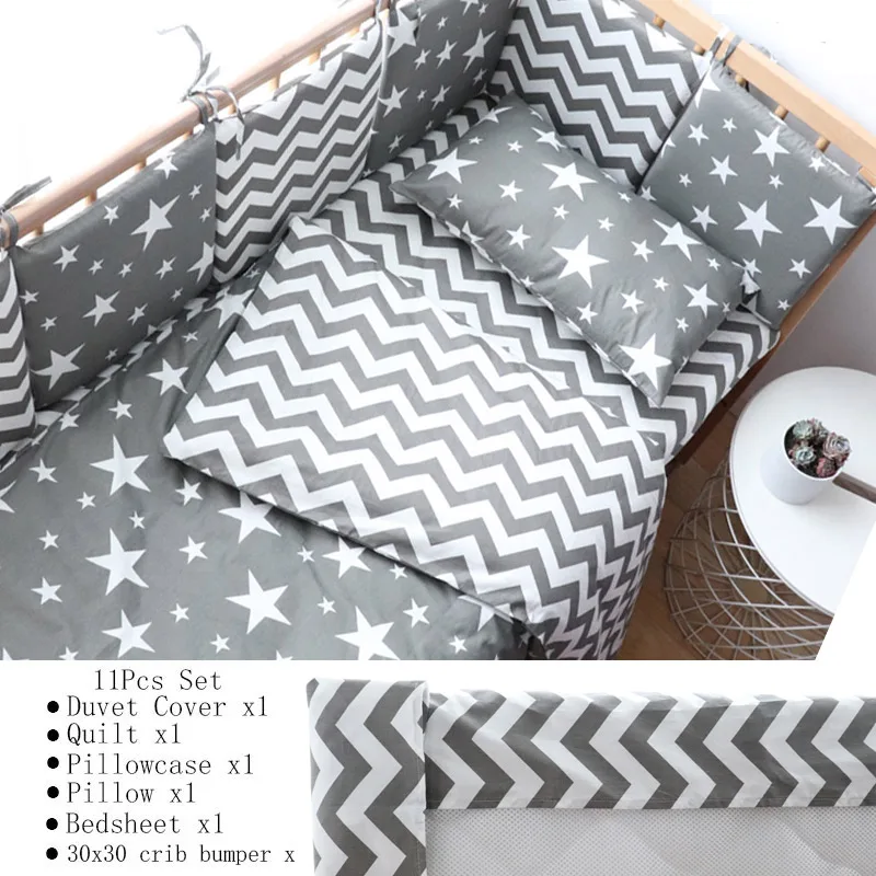 11Pcs Flat Wh Star Детский комплект постельного белья в скандинавскую полоску со звездами, Комплект постельного белья с бампером, хлопковое мягкое детское постельное белье для новорожденных, декор для детской комнаты - Цвет: 11Pcs Flat Wh Star