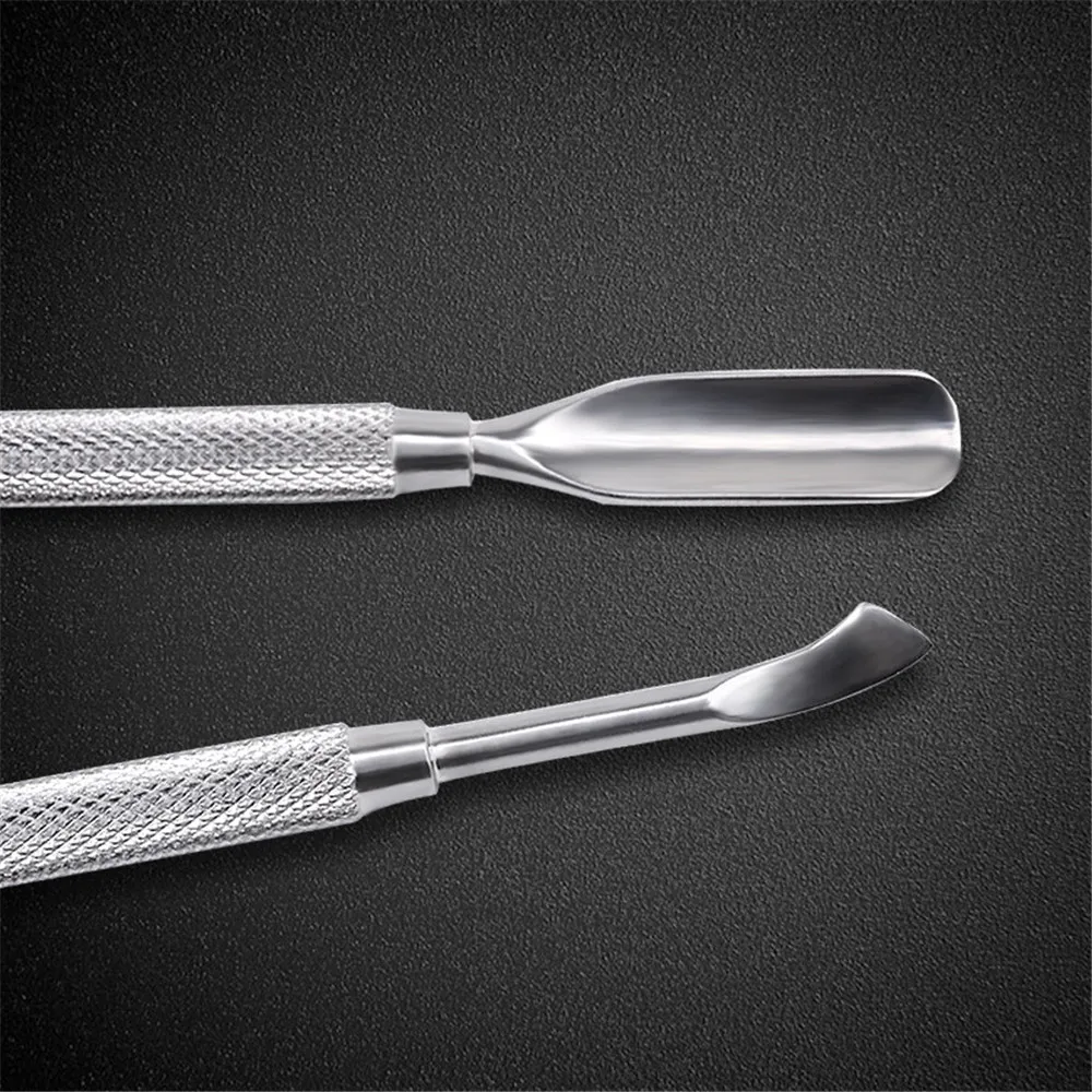 

2 Ways Nail Art Cuticle Pusher Silver Stainless Steel Plating Dirt Dust Remover Cleaning Curved Spoon Manicure Pedicure Tools