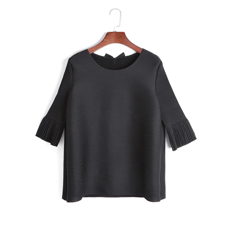 Changpleat Свободная Женская футболка Miyak плиссированные Дизайнерские однотонные футболки с круглым вырезом и бантом сзади, черные, серые женские футболки больших размеров