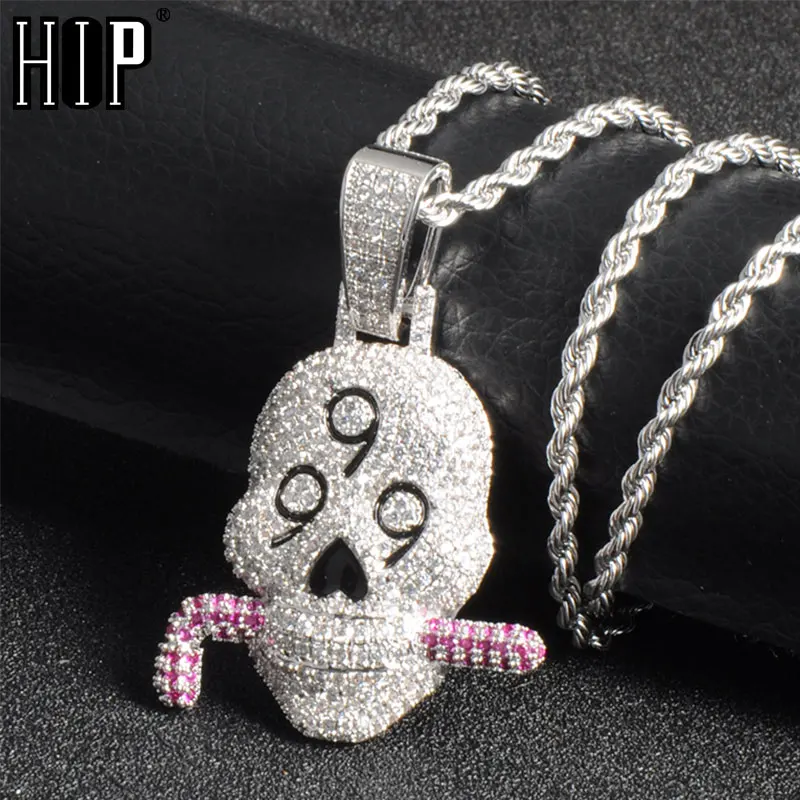 Хип хоп Полный AAA CZ камень Bling Iced Out цвет 999 череп подвески и ожерелья для мужчин