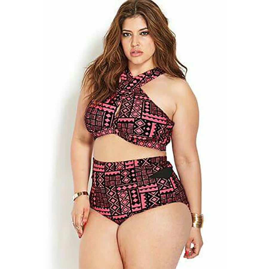 2018 Bikini Plus size swimwear women high waist bikini set cross swimsuit printed bathing suit biquini XL-4XL |