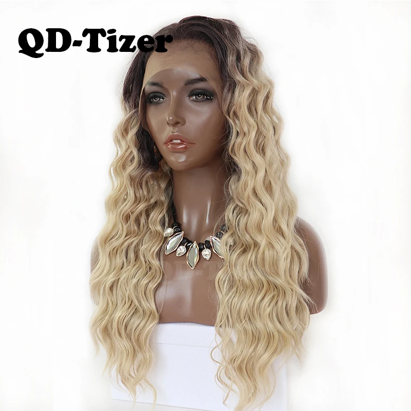 QD-Tizer светлые волосы длинные кудрявые Омбре блонд парик на кружеве бесклеевой темный корень синтетические парики на кружеве для черных женщин