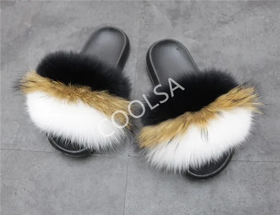 Women's Summer Fur Slippers Indoor Warm Fluffy Plush Home Shoes Woman Real Fox Hair Fur Slides Furry Sandals Female Flip Flops - Color: As shown