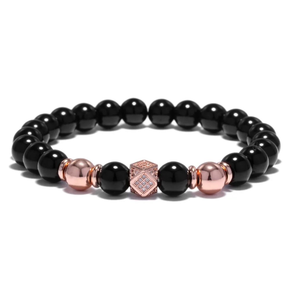 Rose Gold Минималистский черный круглый бисер кристаллы браслет геометрический золотистый эластичный Braclet для мужчин мальчиков повязки ювелирные изделия Pulseira - Окраска металла: Rose Gold