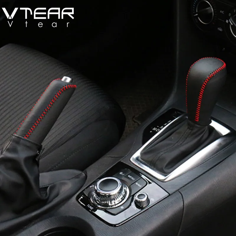 Vtear для Mazda 3 Axela- крышка редуктора крышка ручного тормоза Внутренние кожаные сшитые вручную аксессуары воротники переключения передач