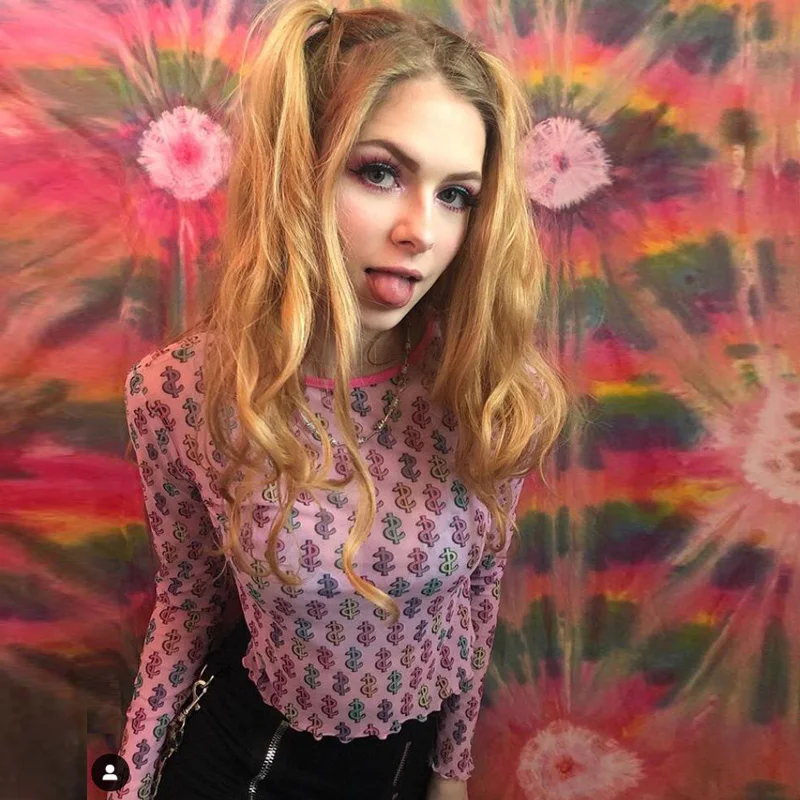 Летние Harajuku розового цвета с принтом доллара сетки топ футболка рубашка Femme