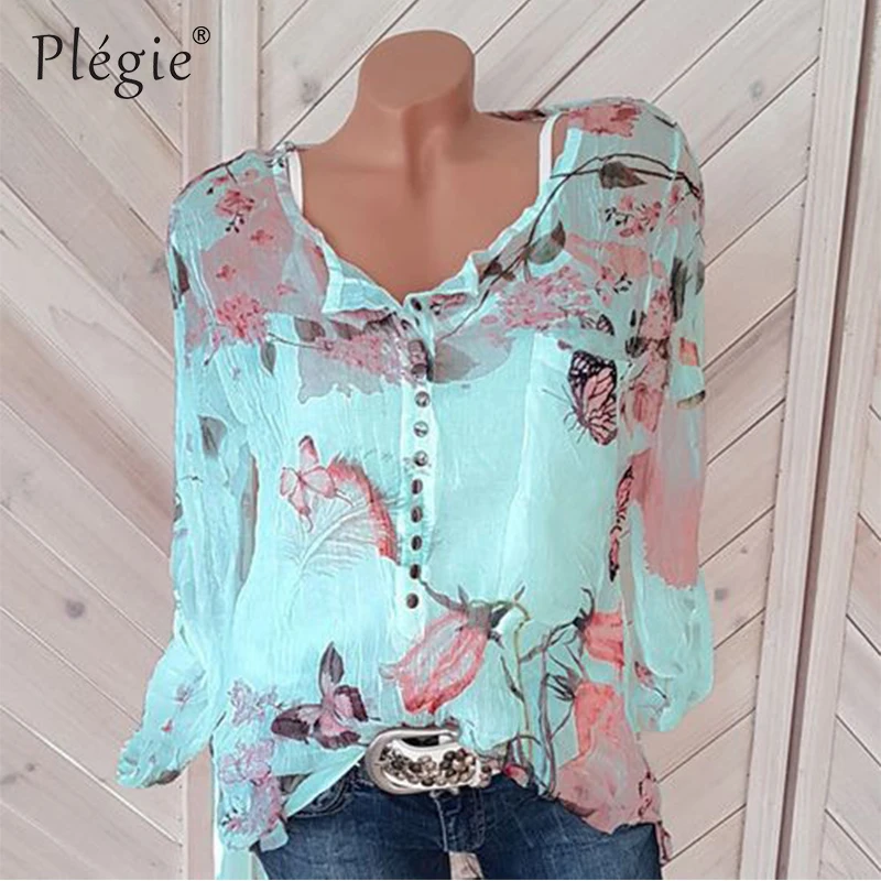 Plegie Цветочный принт блузка Для женщин 5XL размера плюс Summet Топ с длинным рукавом