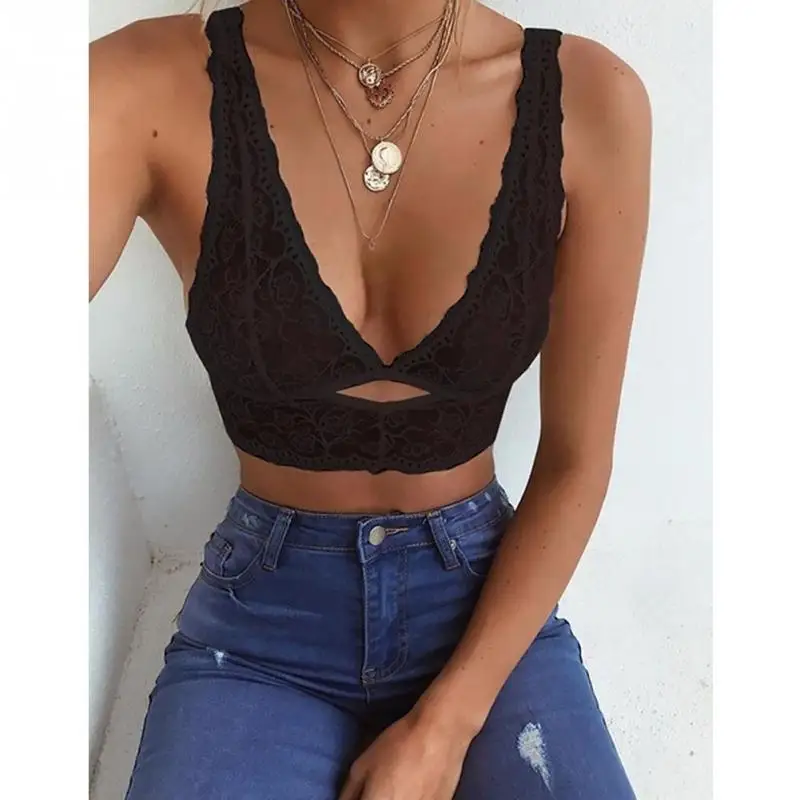 Для женщин пикантные Crop Tank Top v образным вырезом цветочный кружевной бюстгальтер