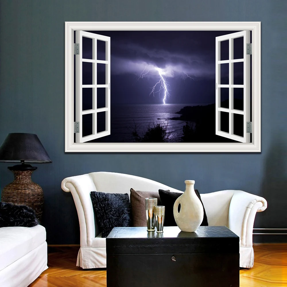 3d Вид из окна стены удивительный Lightning Пейзаж Современная Природа обои фрески Стикеры наклейка виниловые Home Decor Гостиная