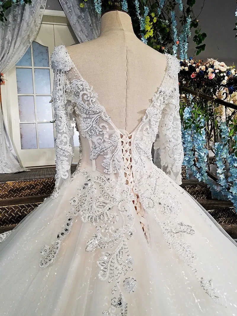 Vestido de noiva casamento кружевное бальное платье с открытой спиной и рукавами 3/4 роскошные