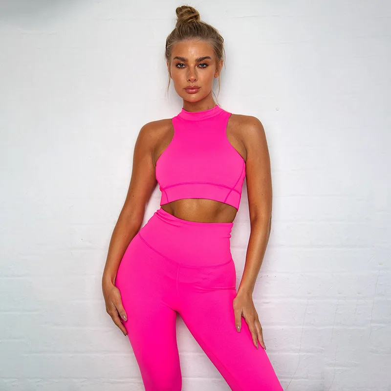 

BKLD Summer New 2019 Sexy Bodycon Women Sets Neon Sleeveless Crop Top Long Pants Two Piece Set Women Clothing Ladies Tracksuits