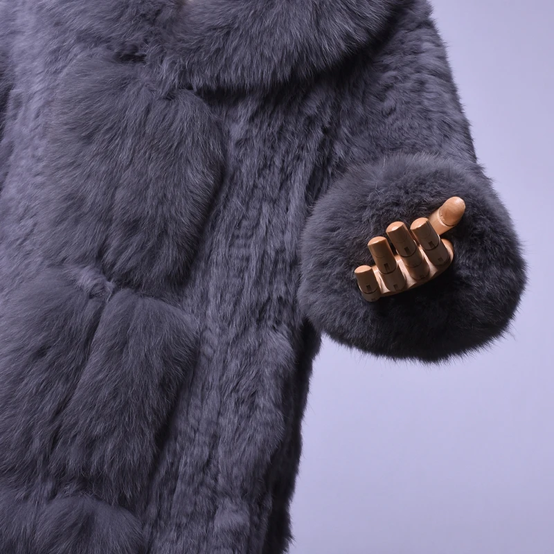 QIUSIDUN Real Rabbit Fur Knit Woman's Winter Fox Fur Collar Coat Casual long-sleeved Fox Cuff Long Large Size Jacket  fur coats