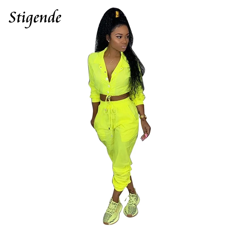 Stigende Women Sexy Crop Top and Pants 2 Piece Tracksuit Set Long Sleeve Button Coat 2pcs Spring Autumn Two Party |