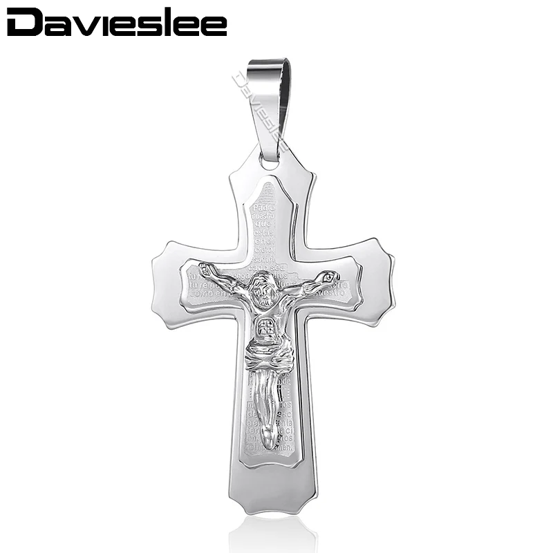 Davieslee Крест Иисуса Христос кулон для мужчин серебро золото черный 2 слоя мужские s подвески из нержавеющей стали проложили прозрачный CZ подарки LKPP3 - Окраска металла: KP621