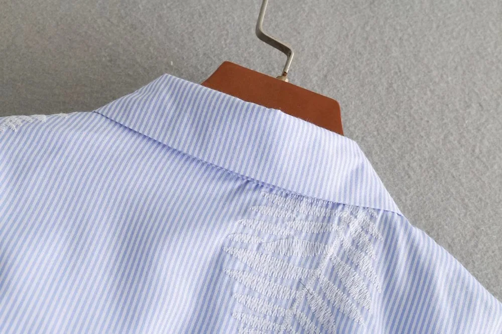 VOGUEIN New Womens Lapel Leaf Embroidered Striped Bow Belt Long Blouse Shirt Wholesale |