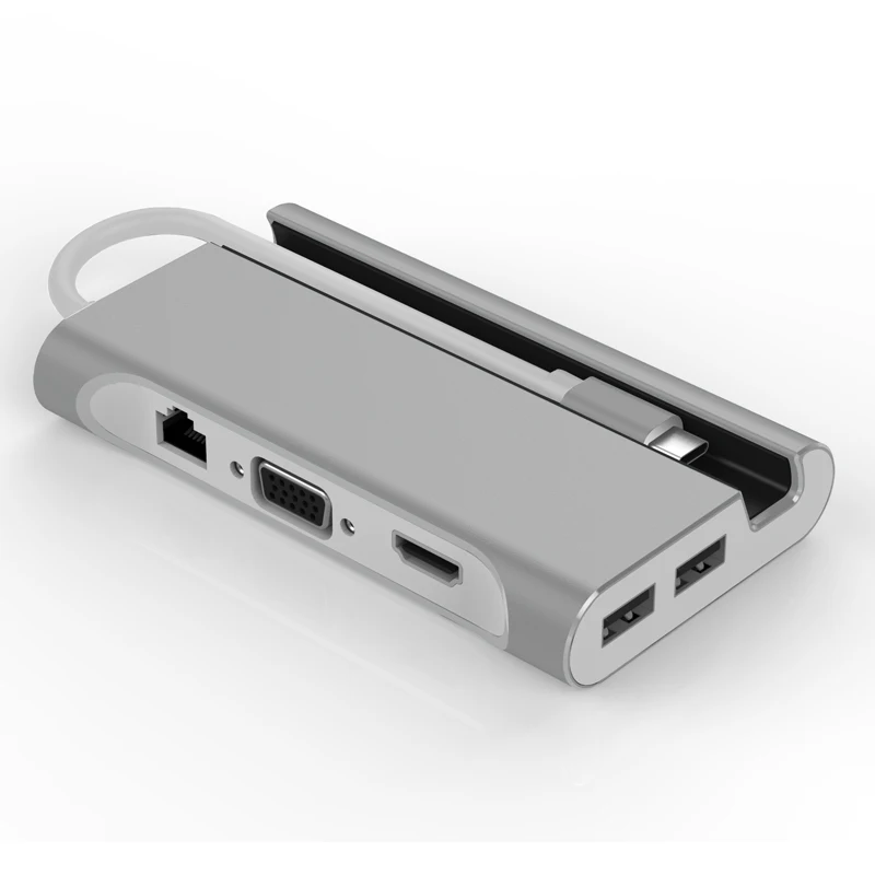 Серебристый Док-станция для ноутбука USB 3,0 HDMI VGA RJ45 PD USB C Hub Fealushon для ноутбука Macbook Pro hp DELL Surface lenovo samsung - Цвет: Серебристый