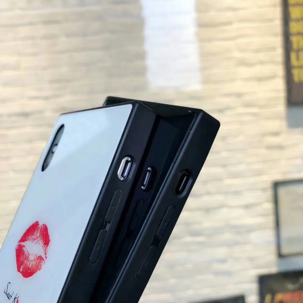Роскошный закаленное стекло квадратный красный поцелуй чехол для iphone XS MAX S 7 6 6s 8