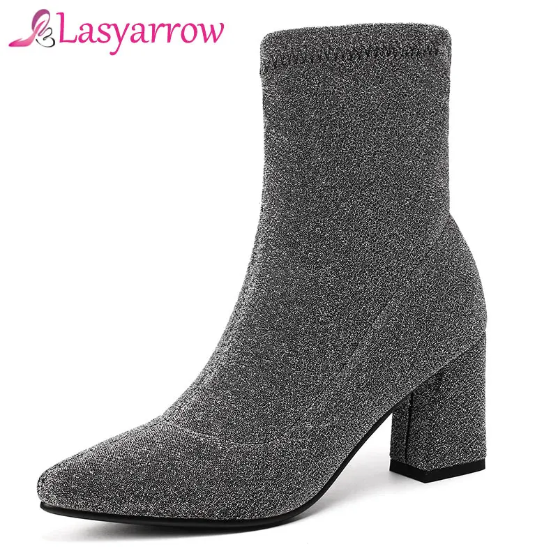 

Lasyarrow Sock Boots Stretch Boots Sexy Slim Bling Bling Women's Shoes Chunky High Heels Pointed Toe Martin Boots Black Silver