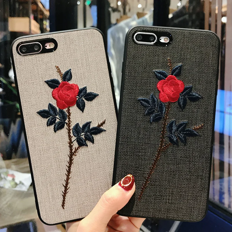 Роскошная вышитая крышка с цветком розы для iPhone 7 тонкий тканевый чехол X 8 6S 6 Plus 3D