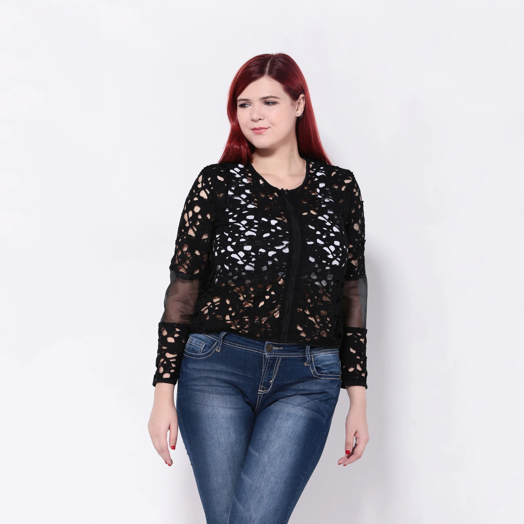 Kissmilk Plus Size Women Solid Color Hollow Out Jackets Long Sleeve Zipper Front Jacket Patchwork Mesh Crochet 3XL 5XL | Женская одежда