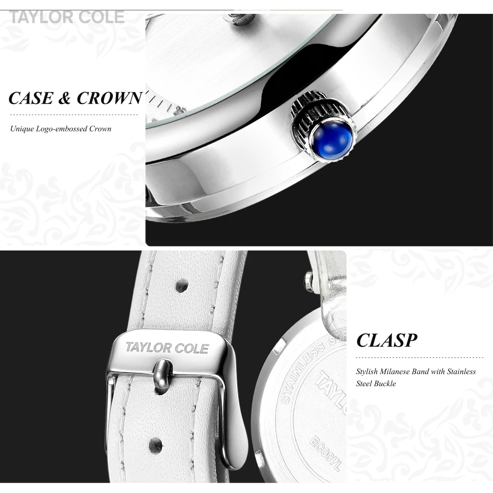 Женские серебряные часы Taylor Cole белые наручные с кожаным ремешком японские