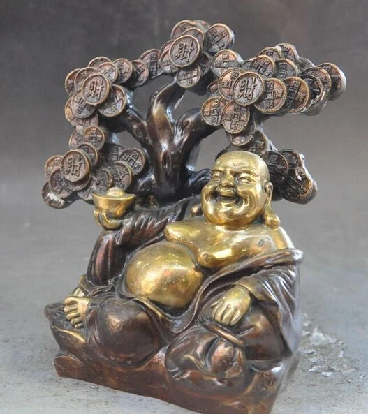 ZSR 1018 + китайский буддийский Joss бронзовый позолоченный yuanbao Money tree богатство Maitreya