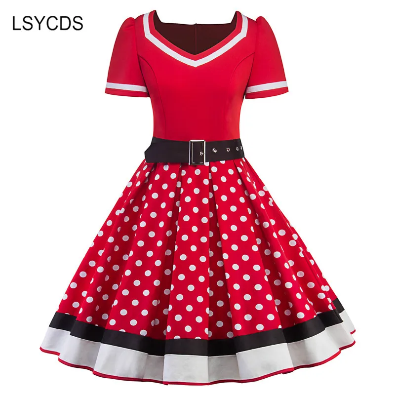 2020 Vintage Women Dress V Neck Short Sleeve Polka Dot Dresses Big Swing Retro Casual Party Hepburn Style 50s Clothes | Женская одежда