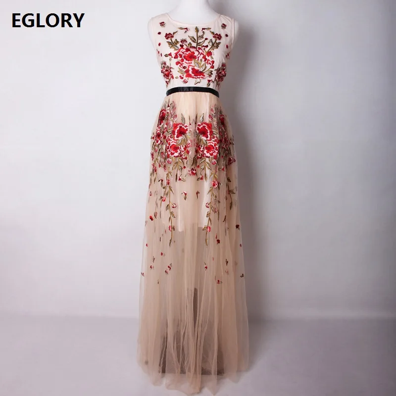 Женское длинное вечернее платье ажурное Сетчатое макси без рукавов с вышивкой