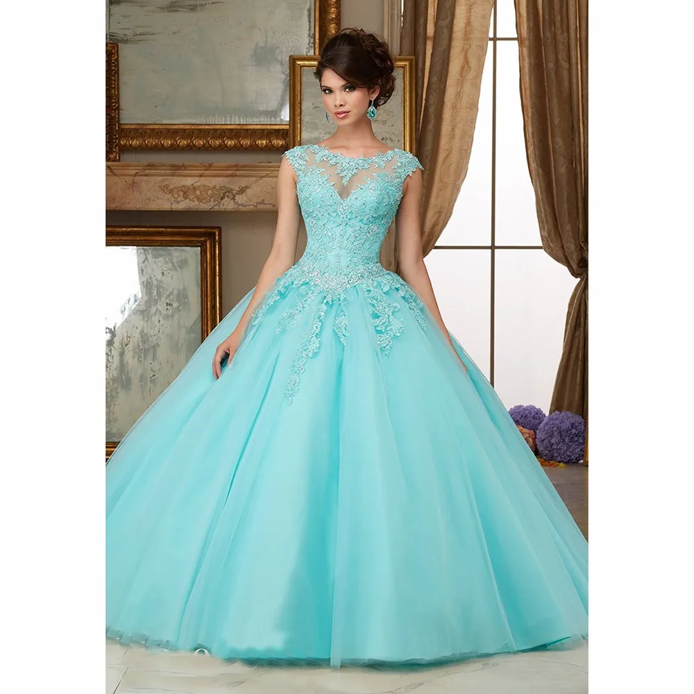 

Turquoise Puffy Cheap Quinceanera Dresses Ball Gown Cap Sleeves Tulle Lace Beaded Crystals Sweet 16 Dresses