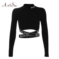 artsu streetwear gothic letter sexy crop top long sleeve women t shirt stand collar cross tee shirts femme black tops asts20500