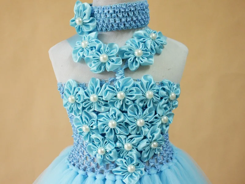 New light blue flower dress for girl summer kids dresses girls handmade 2layer fluffy petti tutus newborn photo props wear | Детская