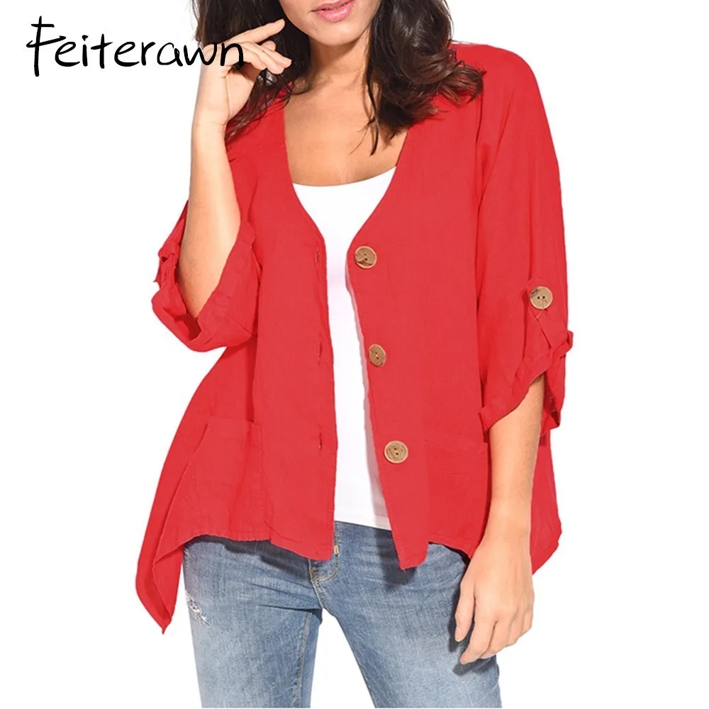 Feiterawn Roll Tab Sleeve и пуговицы спереди Для женщин Повседневная рубашка кардиганы три