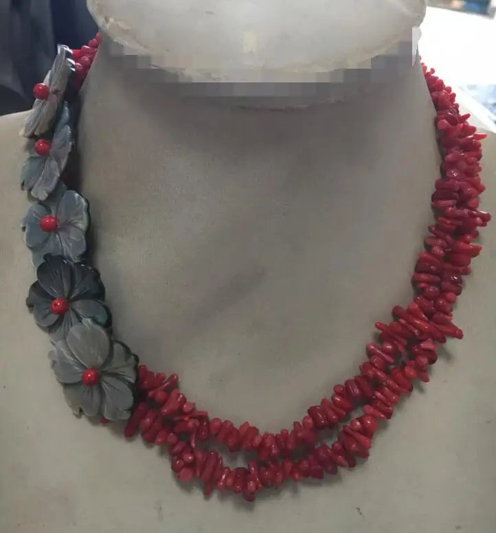 2strs 18 ''серебро натуральный красный коралловый ракушка цветок ожерелье |